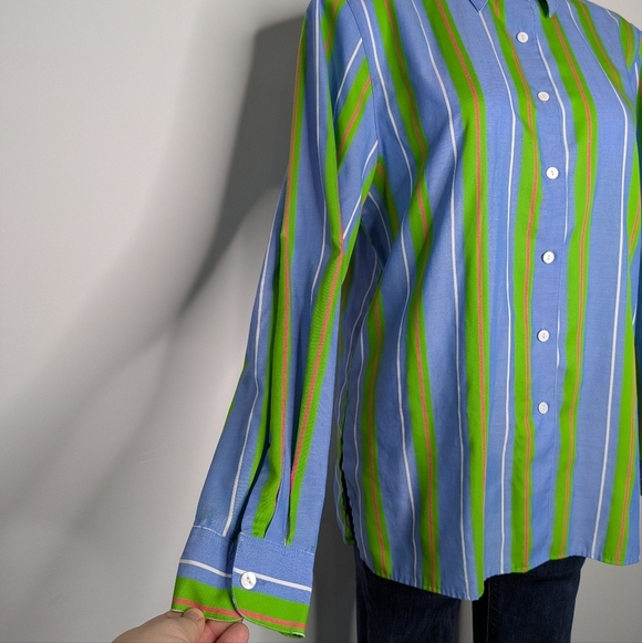 Foxcroft Blue Green Striped Long Sleeve Cotton Blend Button Up 12 - Picture 3 of 8